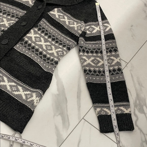 Fair Isle Charcoal & Lt Grey Cardigan Shawl Collar Button Front Pockets Sz M - Picture 11 of 13